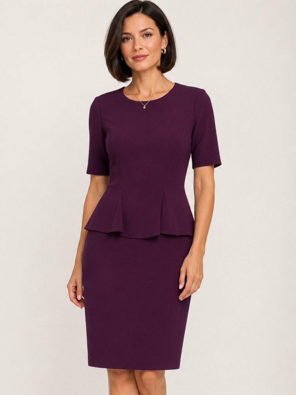 Lafayette 148 Jewel Neckline, Purple Short Sleeve Dress with Peplum, Size 8